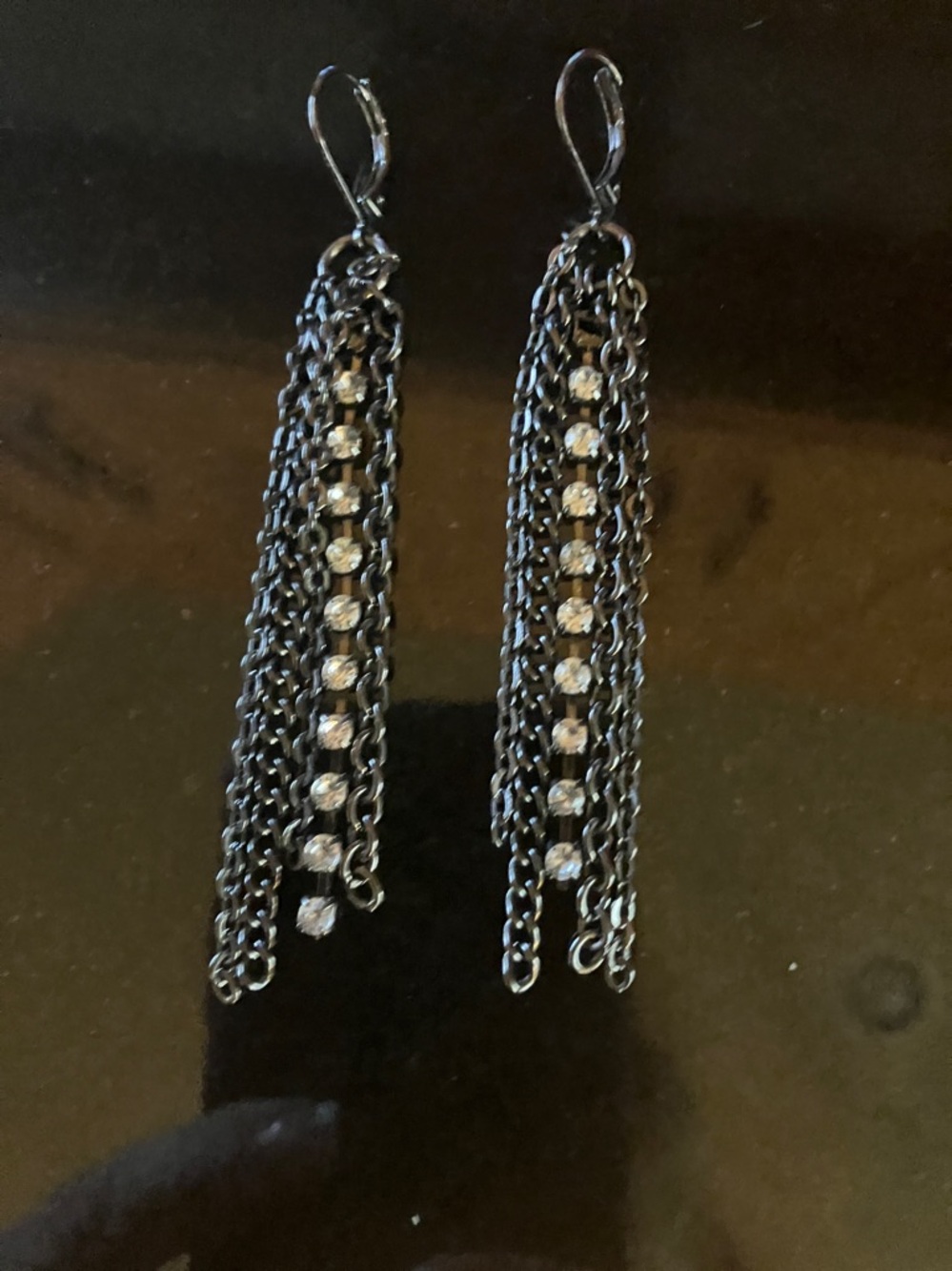 Stanley Black Chain Tassel Earrings with Clear Crystals